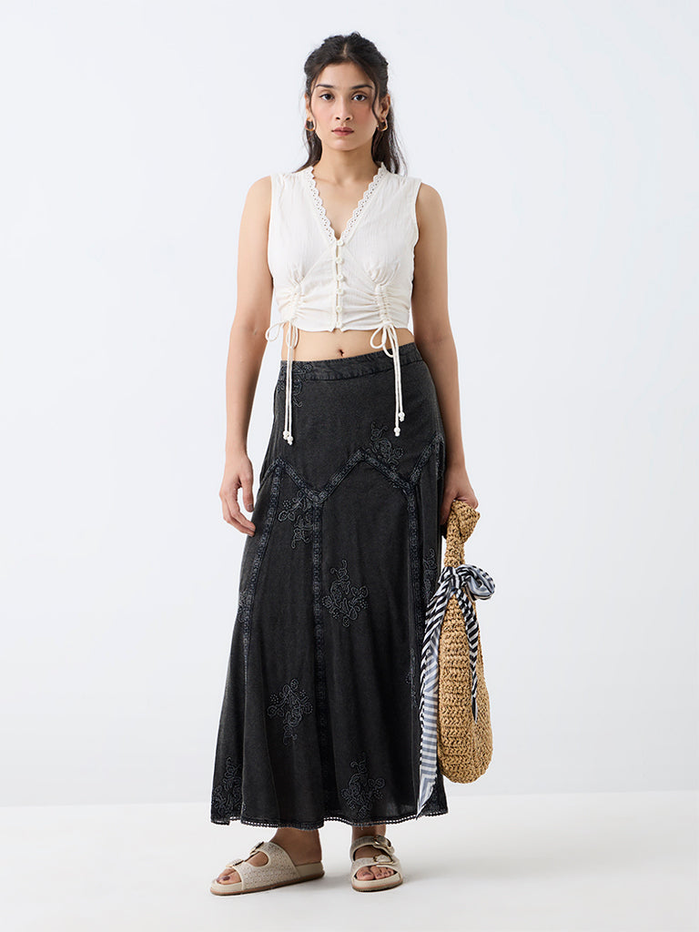 Bombay Paisley Off-White Ruched-Detail Tie-Up Cotton Top