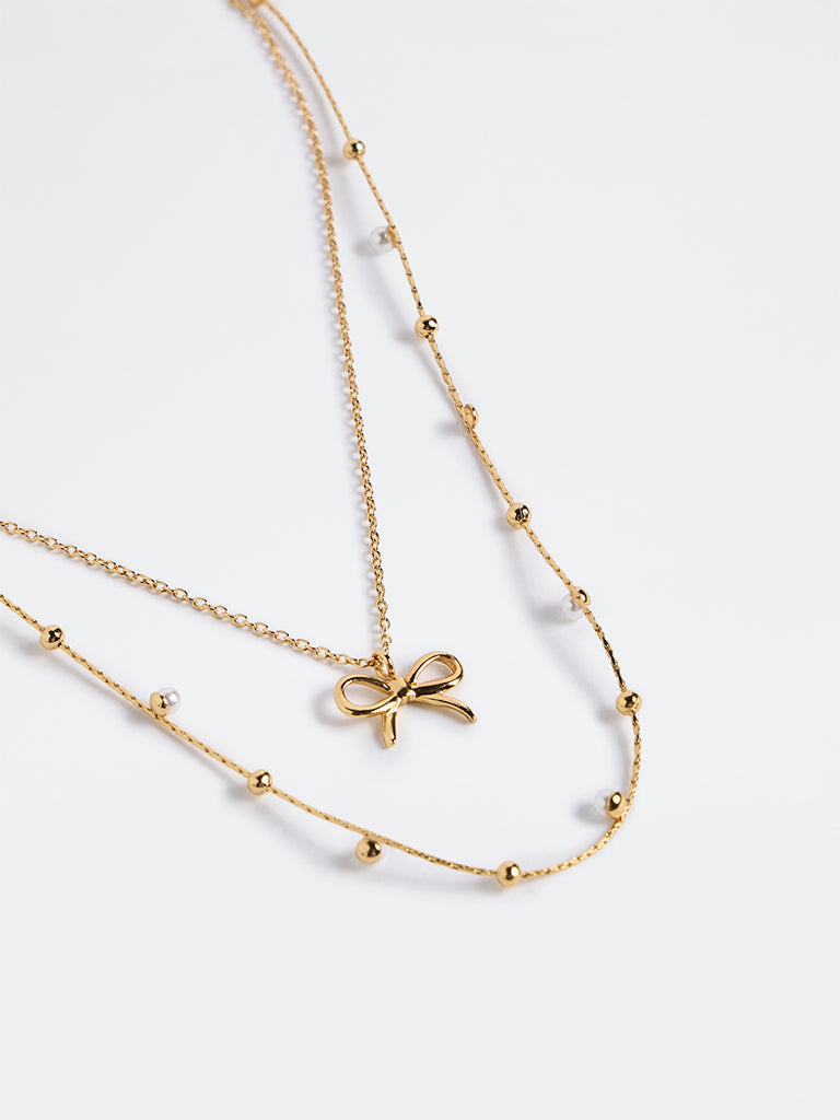 Westside Accessories Gold Bow Pendant and Beaded Necklaces - Pack of 2