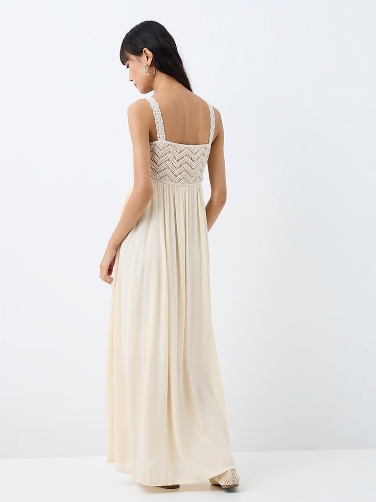 Bombay Paisley Off-White Crochet Embroidered Empire-Line Cotton-Blend Maxi Dress