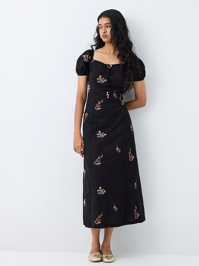 Bombay Paisley Black Floral Embroidered Cotton-Blend Midi A-Line Dress