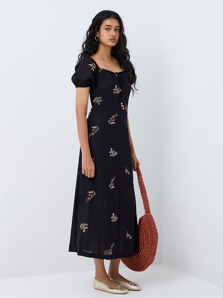 Bombay Paisley Black Floral Embroidered Cotton-Blend Midi A-Line Dress