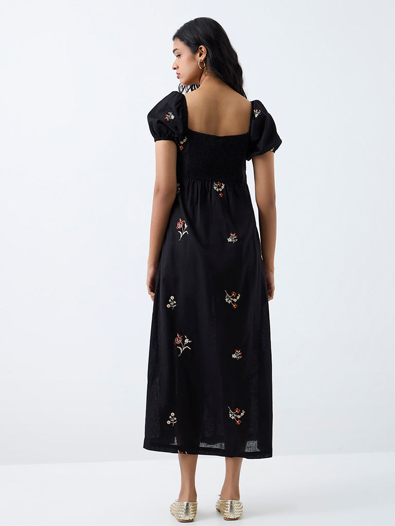 Bombay Paisley Black Floral Embroidered Cotton-Blend Midi A-Line Dress