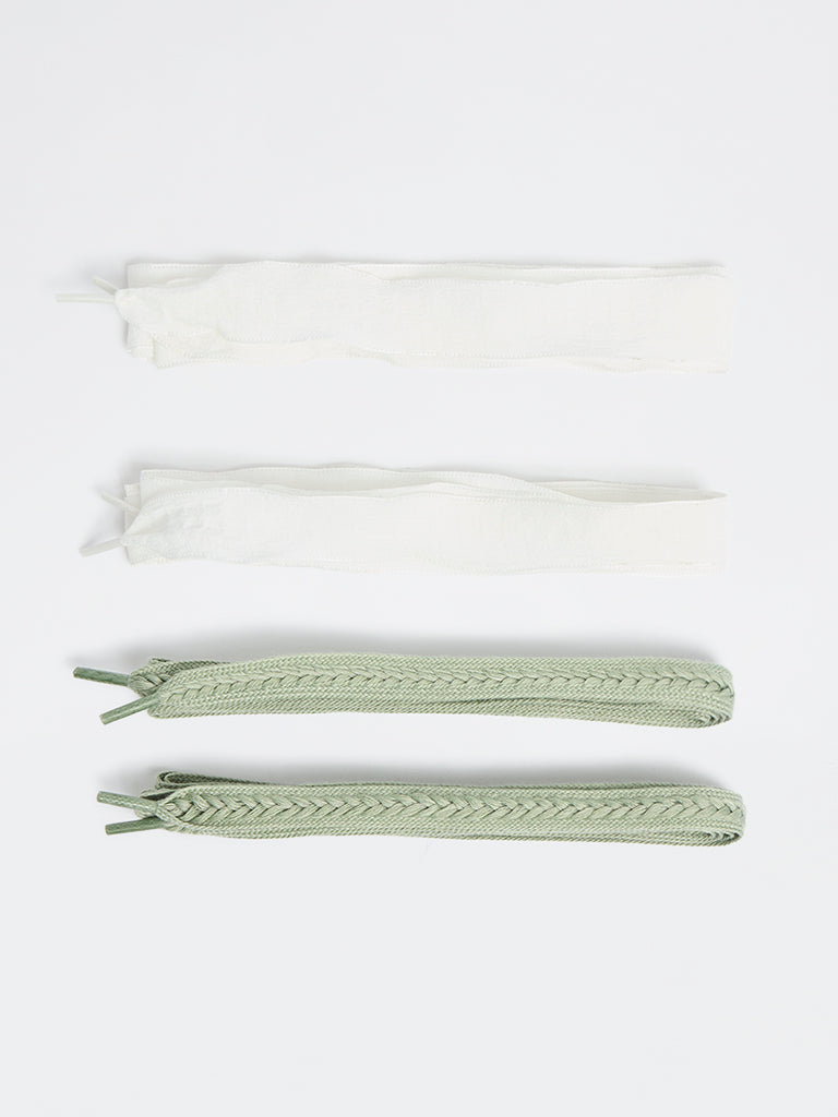 LUNA BLU White Ribbon and Sage Braided Shoelaces - Pack of 2