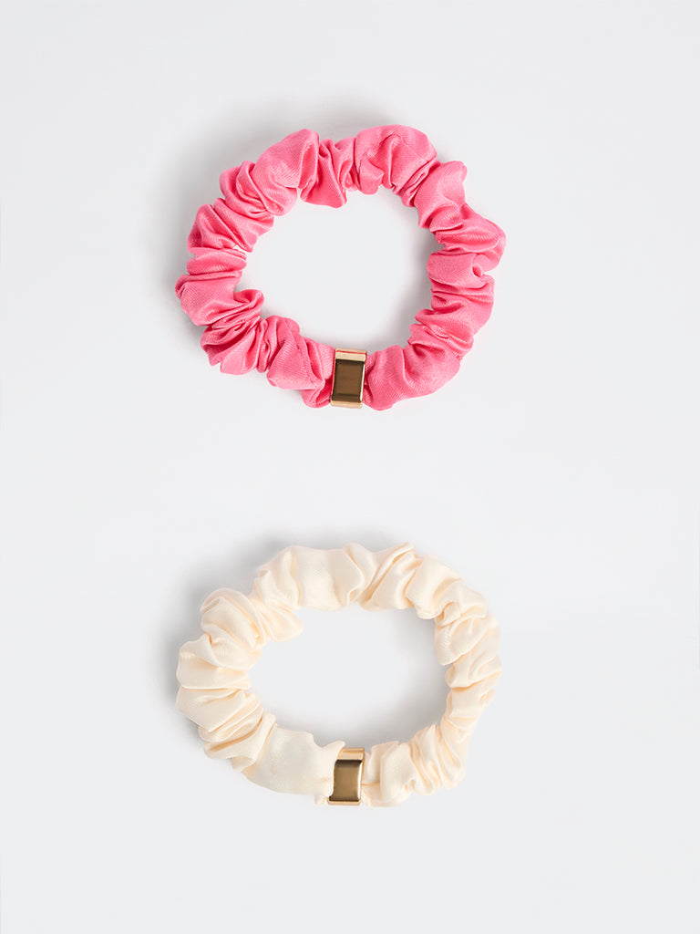 Westside Accessories Pink and Off-White Metal-Detailed Scrunchies - Pack of 2