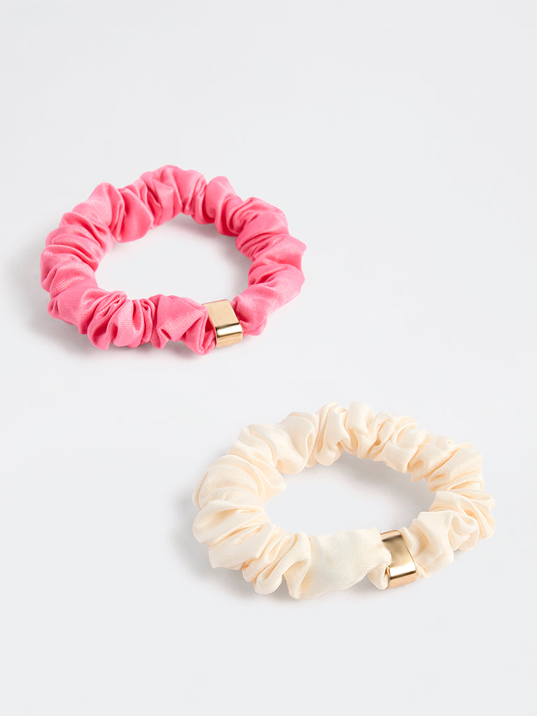 Westside Accessories Pink and Off-White Metal-Detailed Scrunchies - Pack of 2