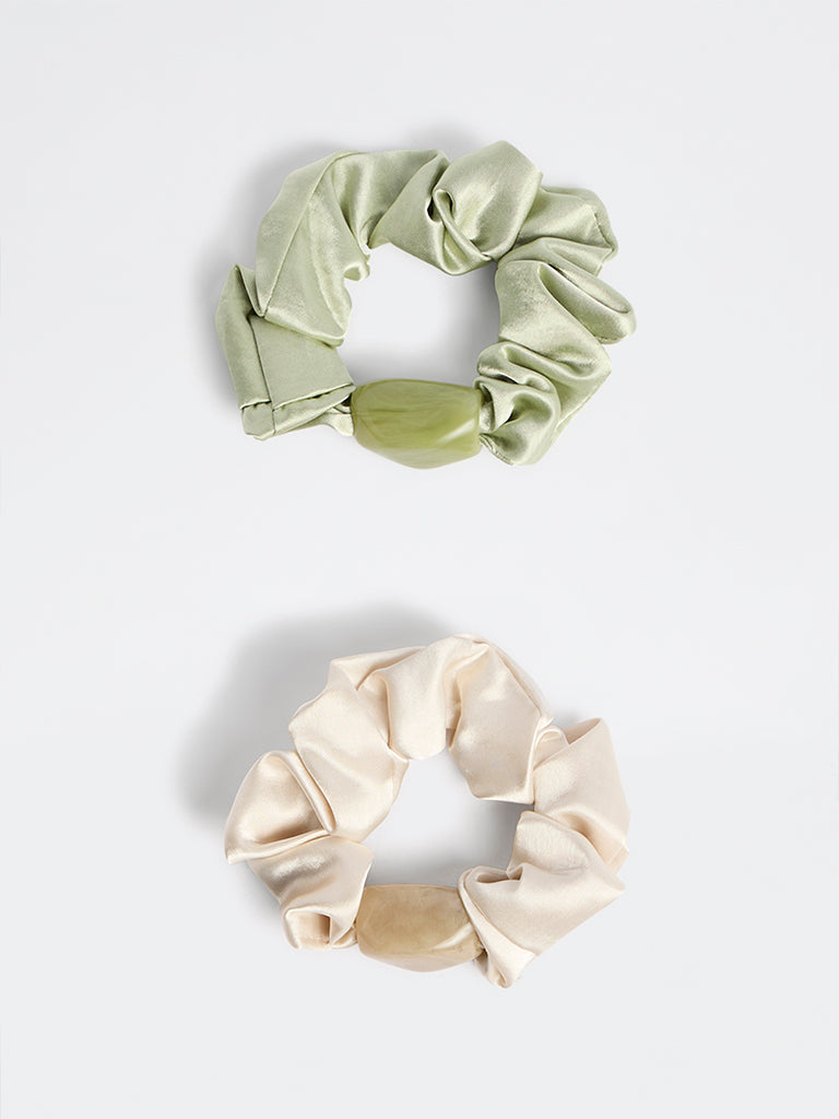 Westside Accessories Sage and Off-White Satin Scrunchies - Pack of 2