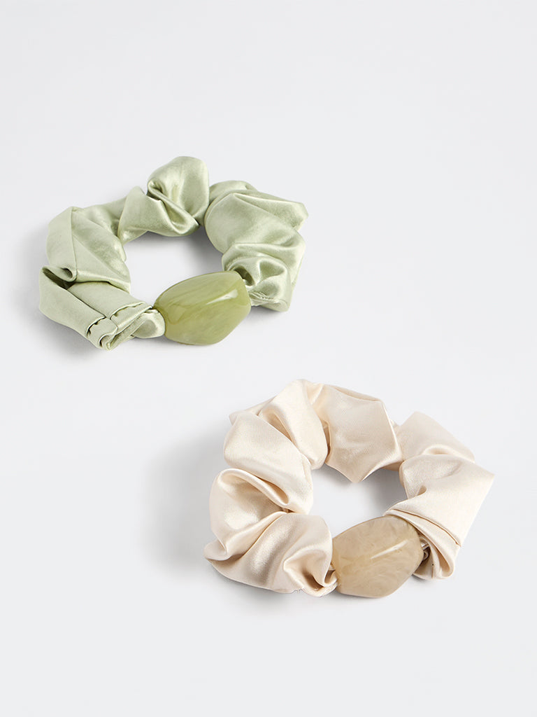 Westside Accessories Sage and Off-White Satin Scrunchies - Pack of 2