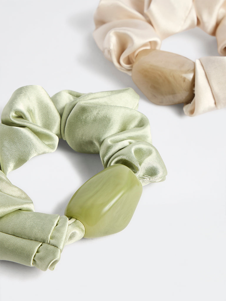 Westside Accessories Sage and Off-White Satin Scrunchies - Pack of 2