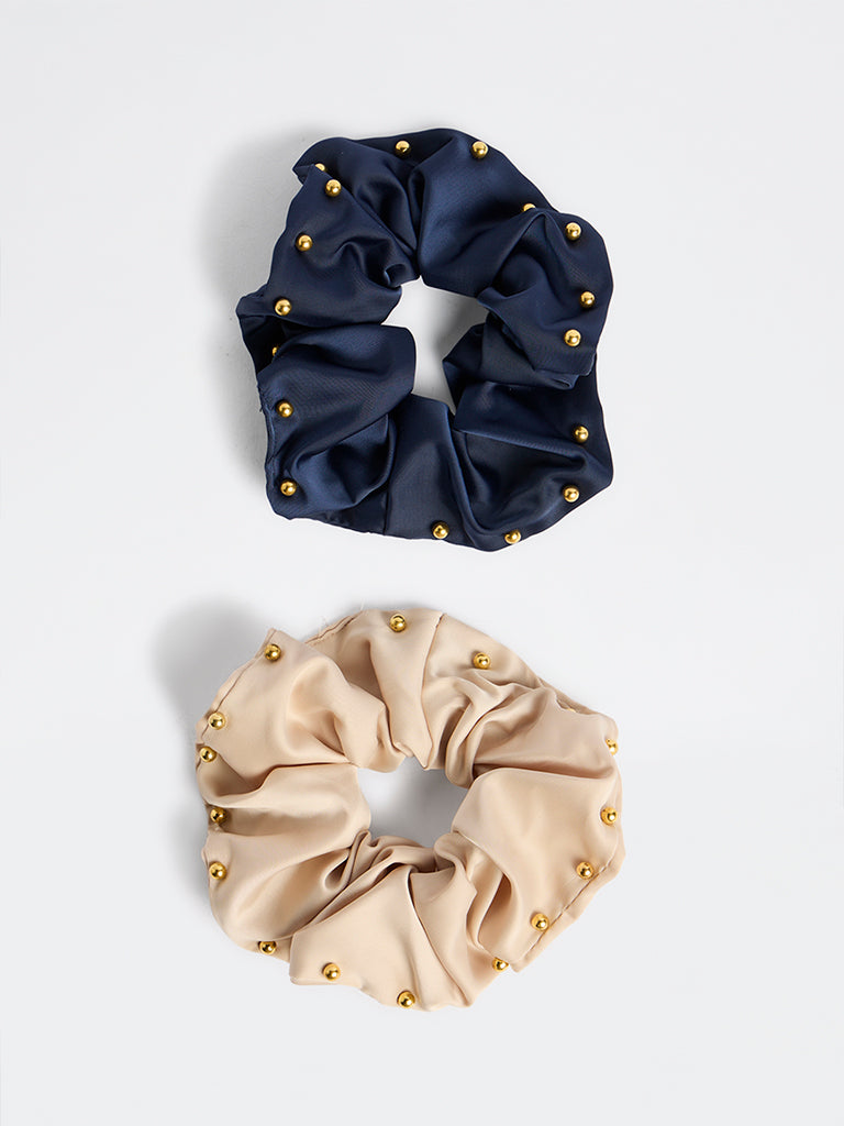 Westside Accessories Navy and Beige Beaded Satin Scrunchies - Pack of 2