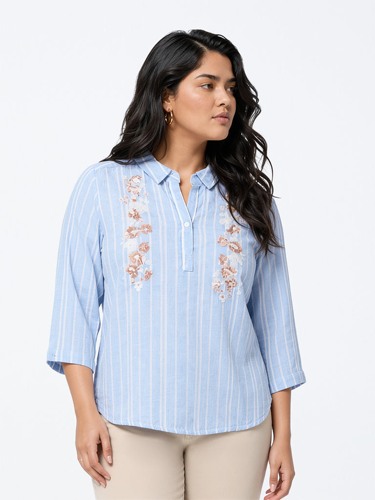 Gia Light Blue Floral Embellished Cotton-Blend Blouse