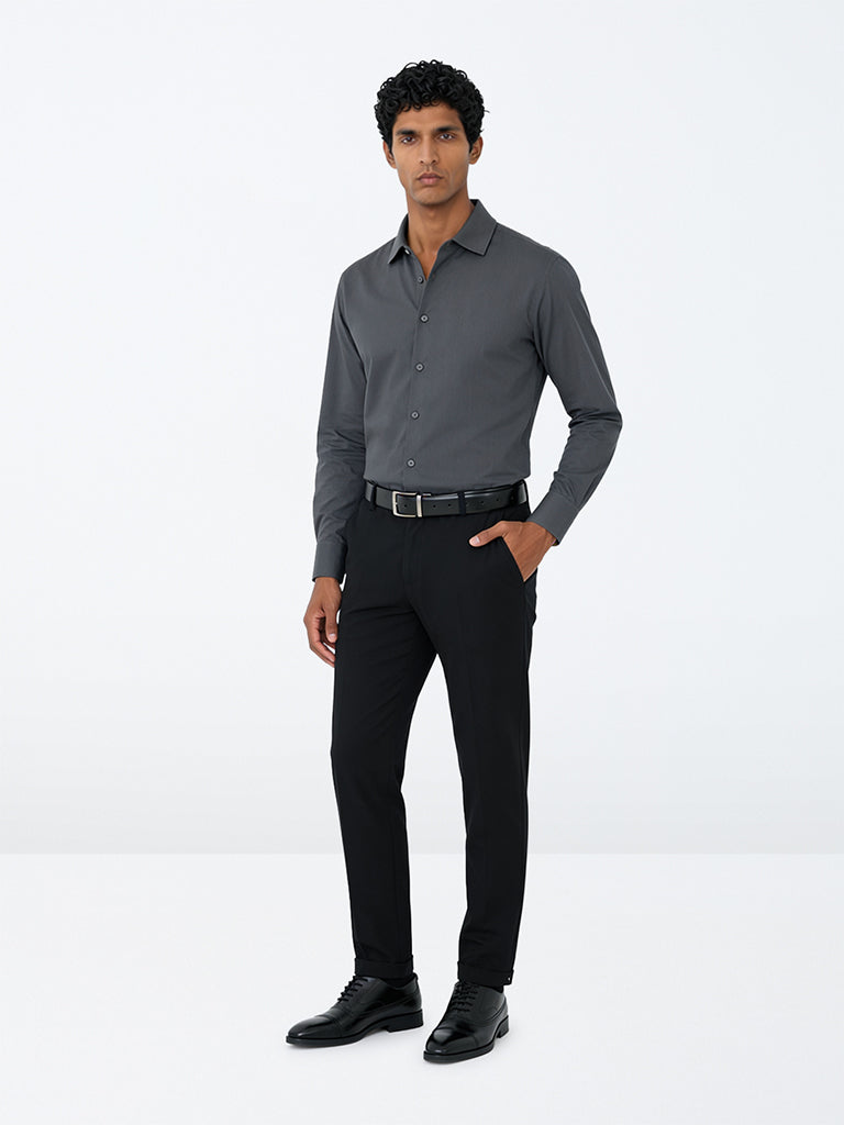 WES Formals Charcoal Solid Ultra-Slim Fit Cotton-Blend Shirt