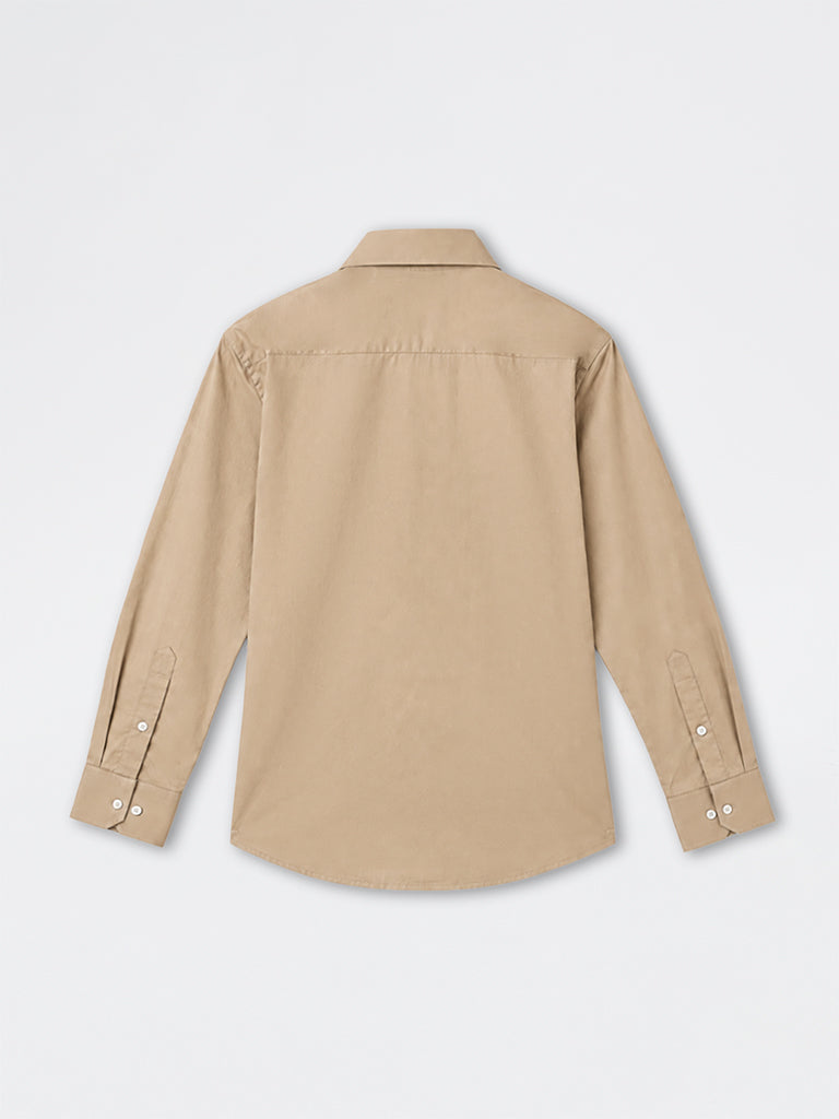 WES Formals Beige Solid Ultra-Slim Fit Cotton-Blend Shirt