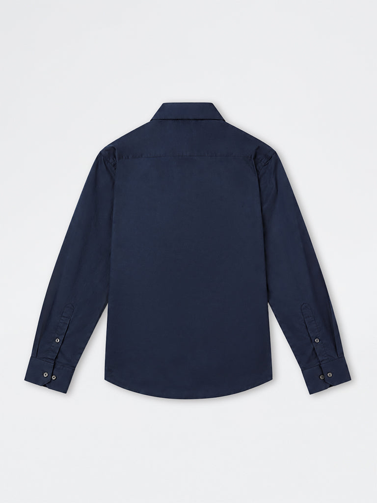 WES Formals Navy Solid Ultra Slim-Fit Cotton-Blend Shirt