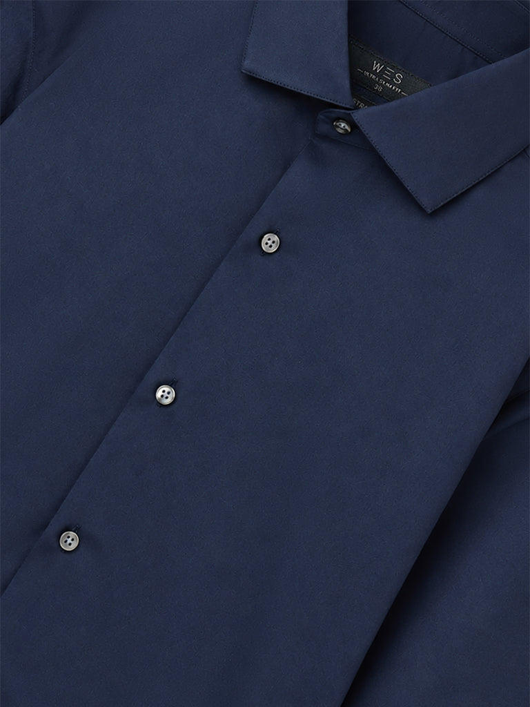 WES Formals Navy Solid Ultra Slim-Fit Cotton-Blend Shirt