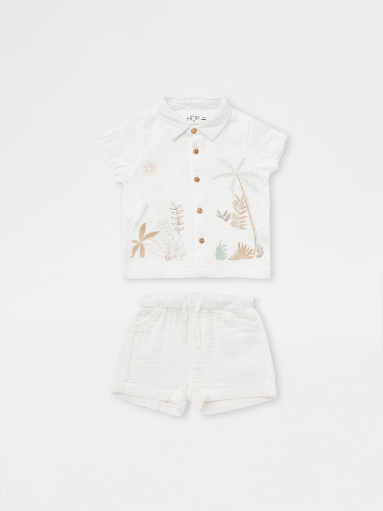 HOP Baby Boys White Tropical-Inspired Cotton Shirt and Shorts Set