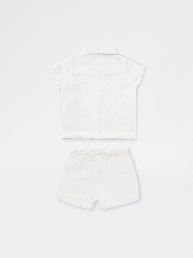 HOP Baby Boys White Tropical-Inspired Cotton Shirt and Shorts Set