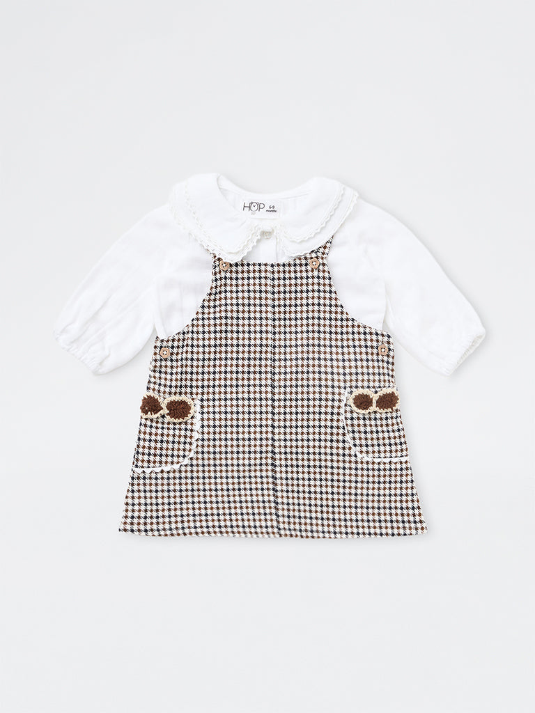 HOP Baby Girls Brown Houndstooth Checkered Cotton Pinafore and T-Shirt Set