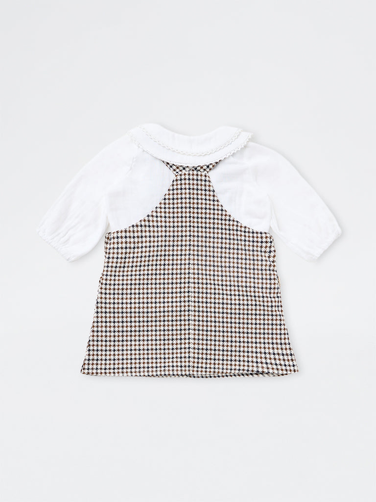 HOP Baby Girls Brown Houndstooth Checkered Cotton Pinafore and T-Shirt Set