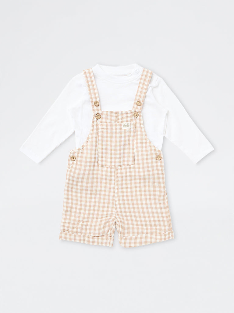 HOP Baby Boys Beige Gingham Printed Cotton Dungaree and T-Shirt Set