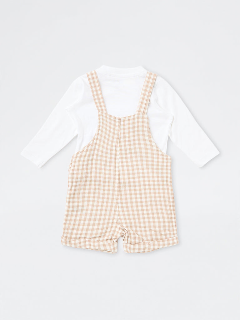 HOP Baby Boys Beige Gingham Printed Cotton Dungaree and T-Shirt Set