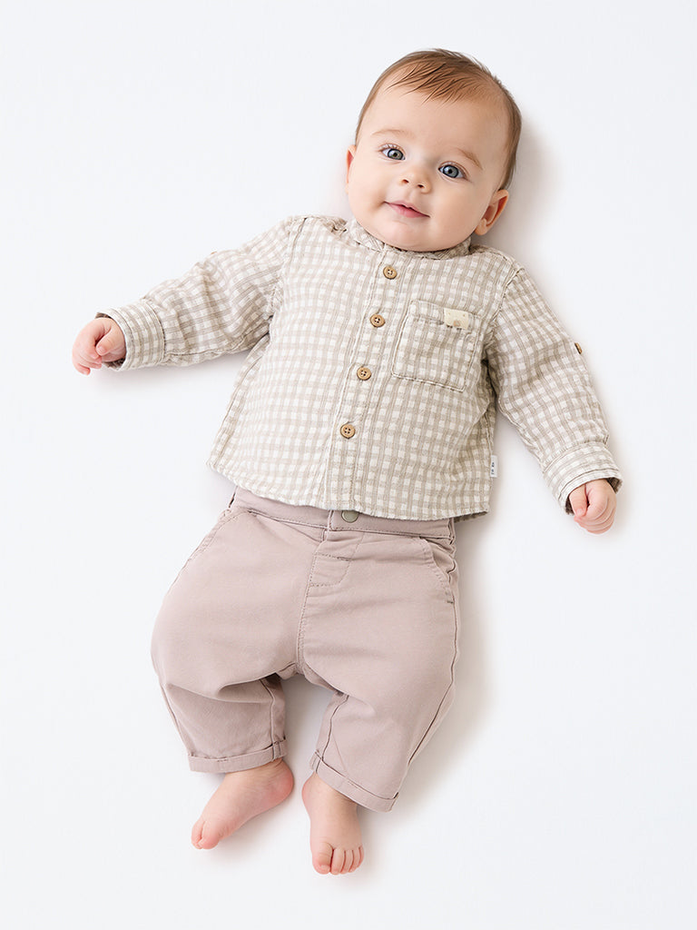 HOP Baby Boys Taupe Gingham Checkered Cotton Shirt and Pant Set