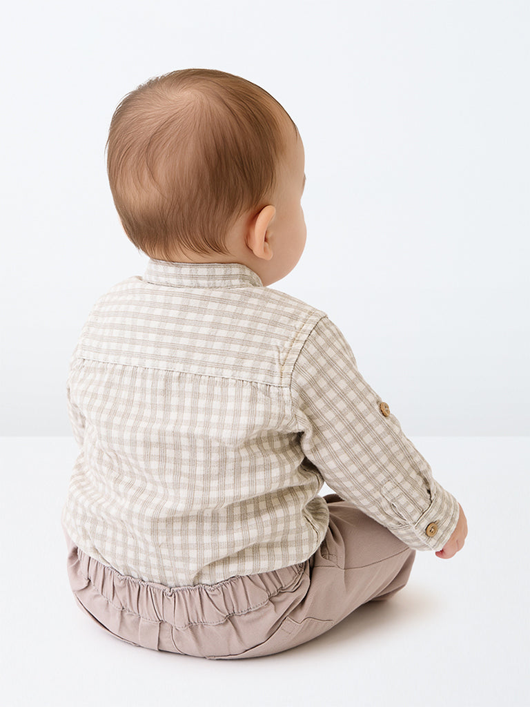 HOP Baby Boys Taupe Gingham Checkered Cotton Shirt and Pant Set