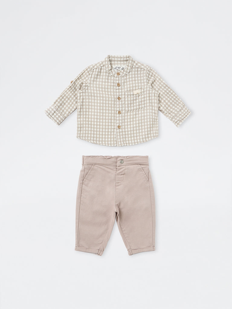 HOP Baby Boys Taupe Gingham Checkered Cotton Shirt and Pant Set