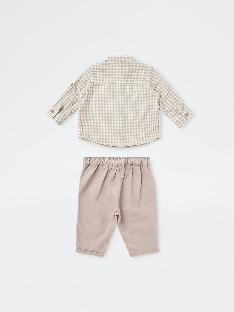 HOP Baby Boys Taupe Gingham Checkered Cotton Shirt and Pant Set
