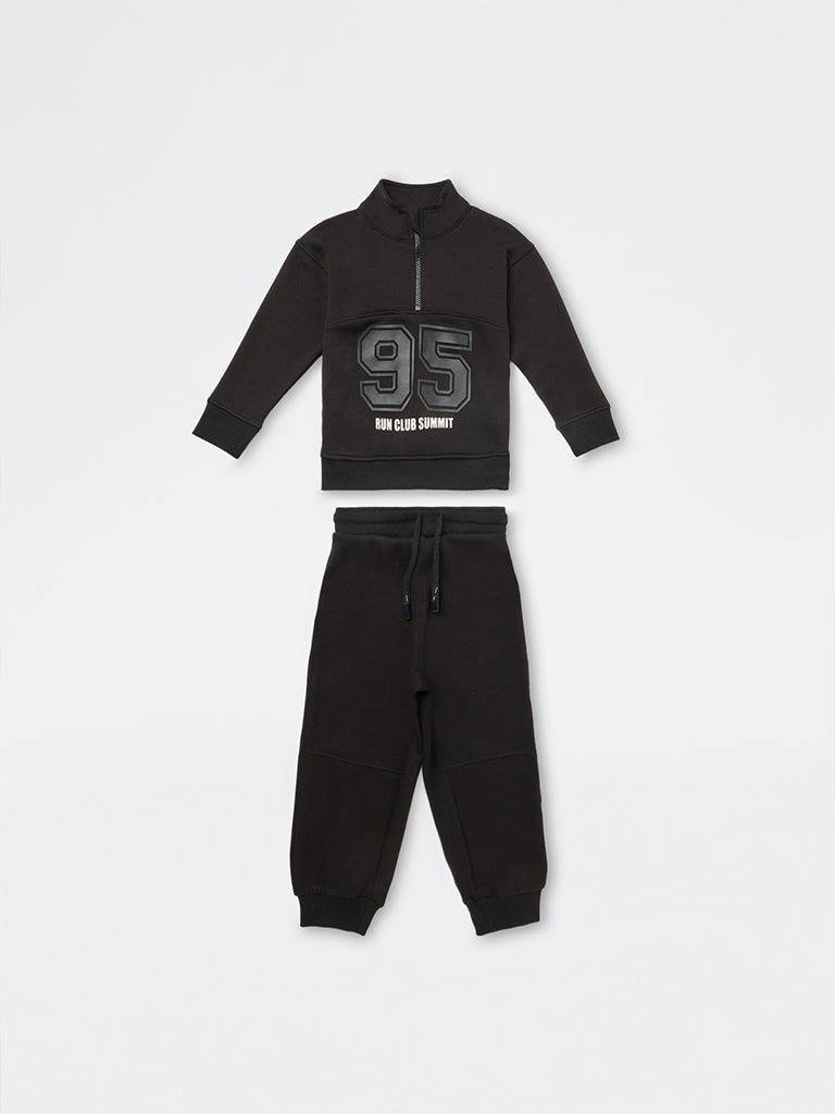 HOP Kids Boys Black Printed Sweatshirt with Joggers Set