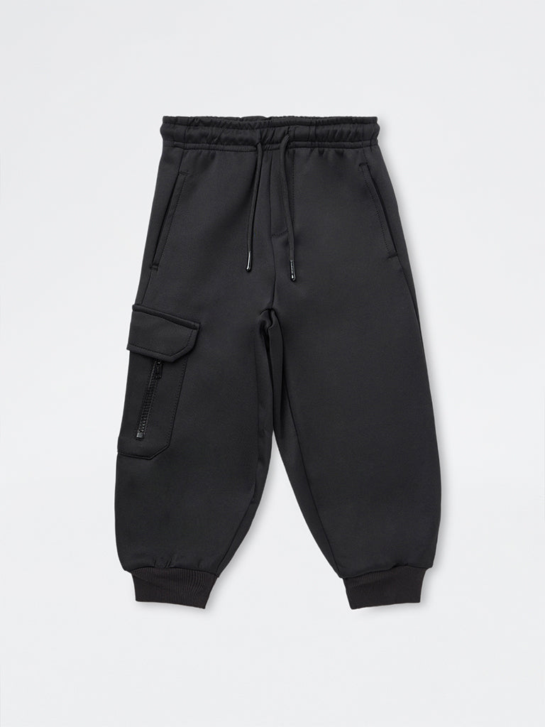 HOP Kids Boys Black Solid Mid-Rise Baggy-Fit Joggers