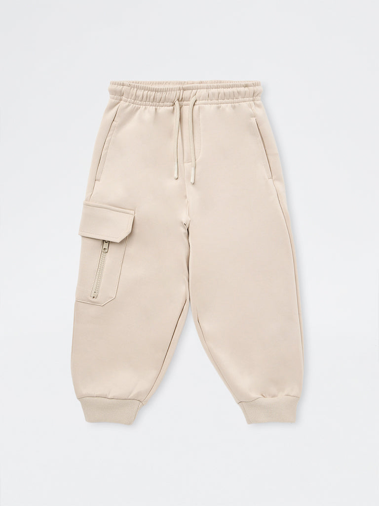 HOP Kids Boys Beige Solid Mid-Rise Baggy-Fit Joggers