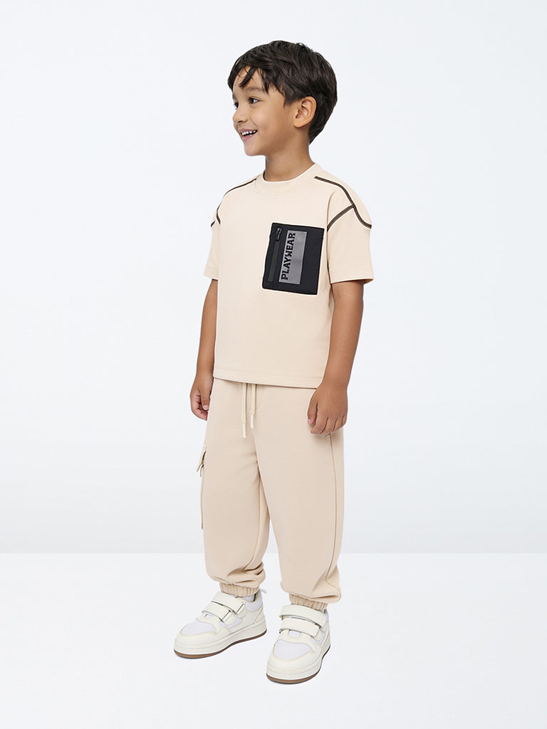 HOP Kids Boys Beige Solid Mid-Rise Baggy-Fit Joggers