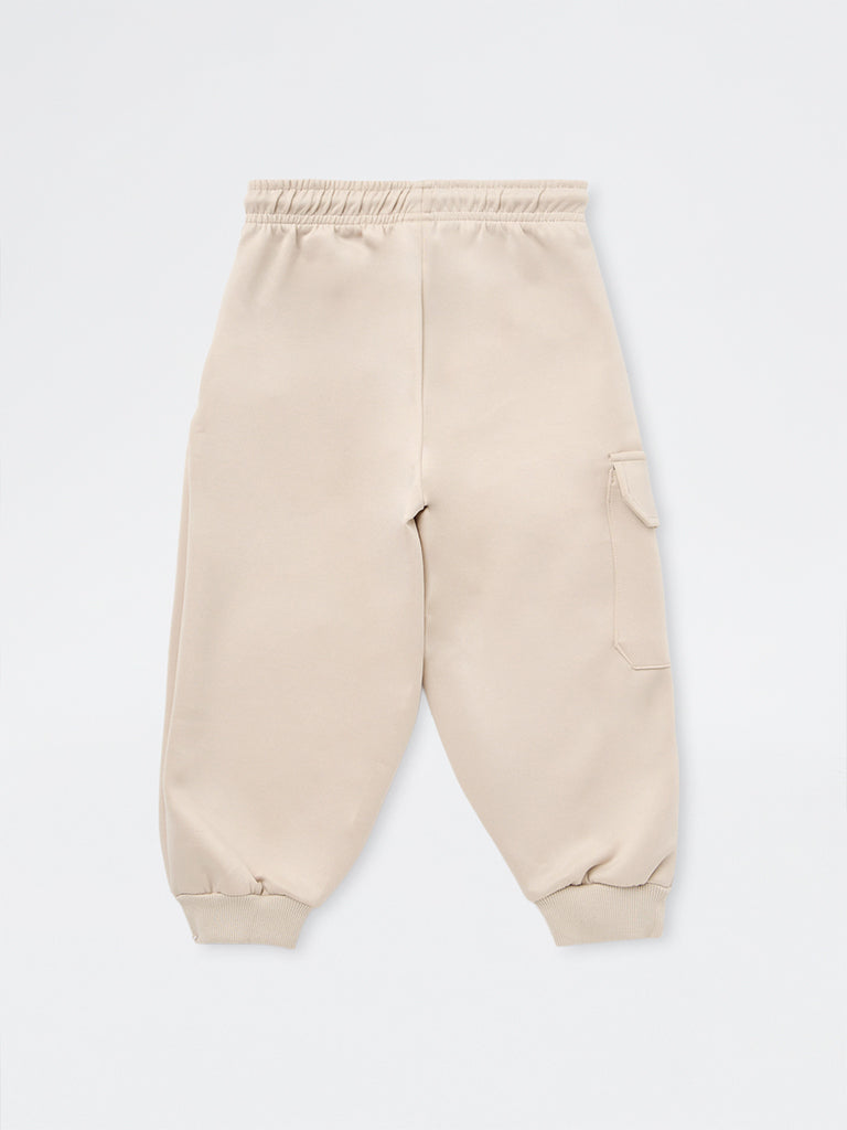 HOP Kids Boys Beige Solid Mid-Rise Baggy-Fit Joggers