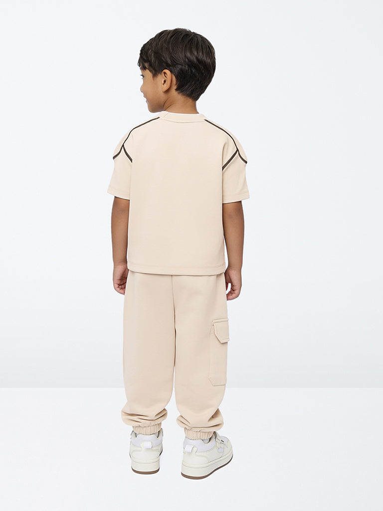 HOP Kids Boys Beige Solid Mid-Rise Baggy-Fit Joggers