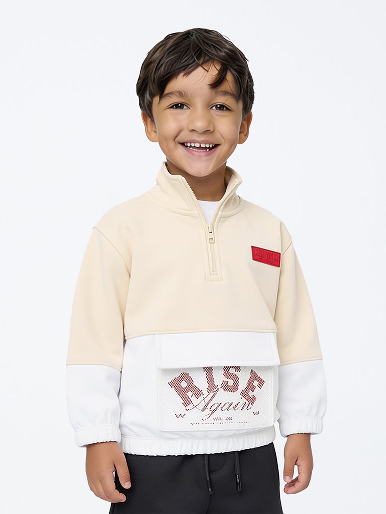 HOP Kids Boys Beige Colour-Blocked Quarter-Zip Sweatshirt