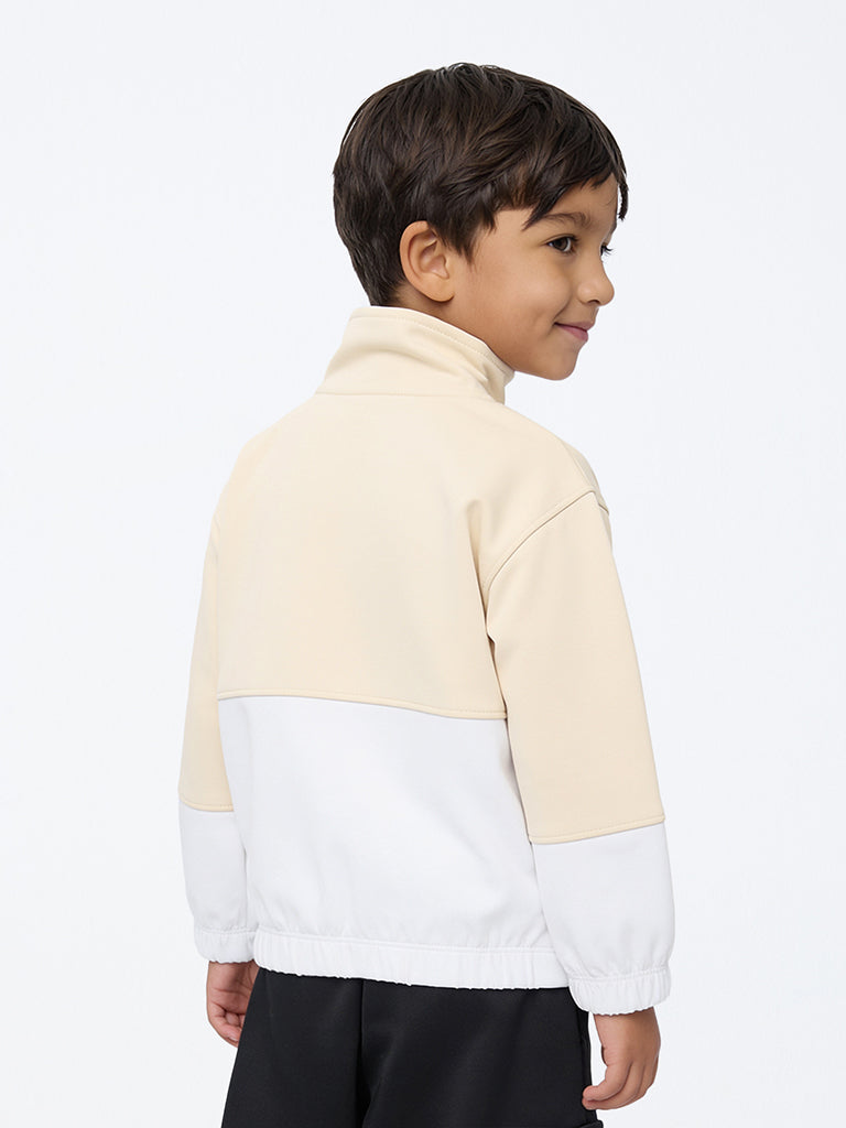 HOP Kids Boys Beige Colour-Blocked Quarter-Zip Sweatshirt