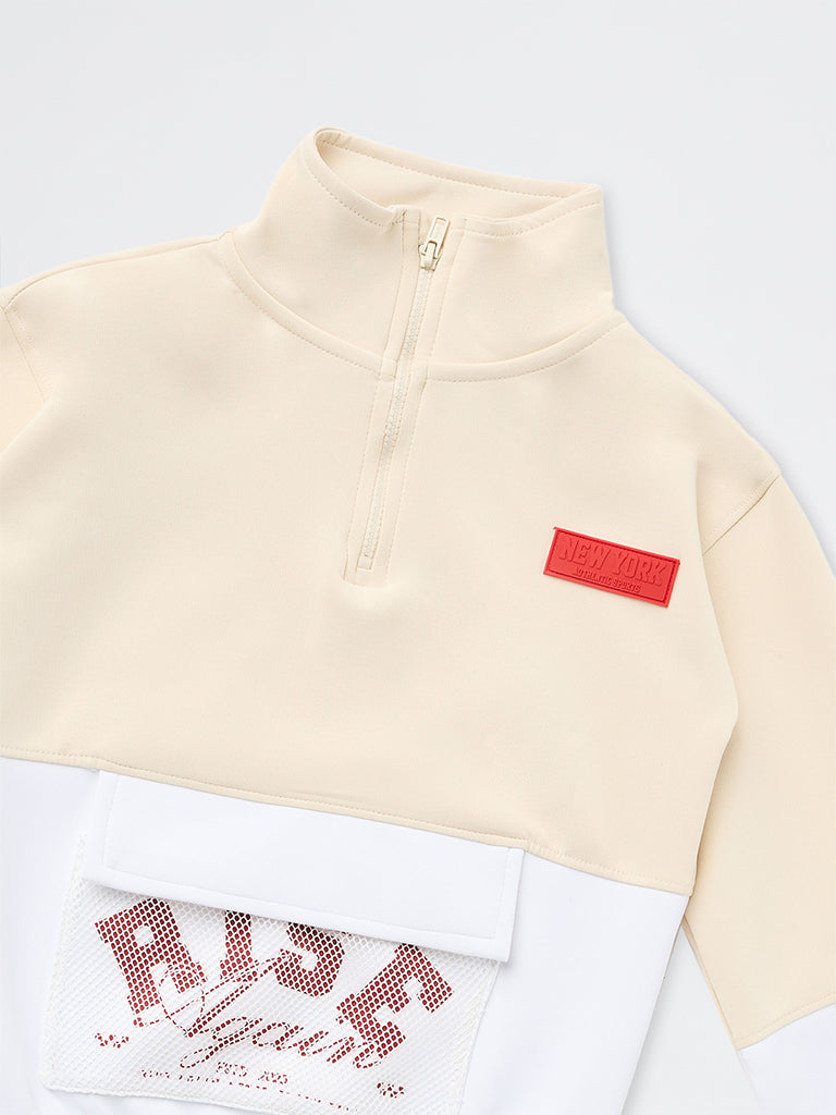 HOP Kids Boys Beige Colour-Blocked Quarter-Zip Sweatshirt