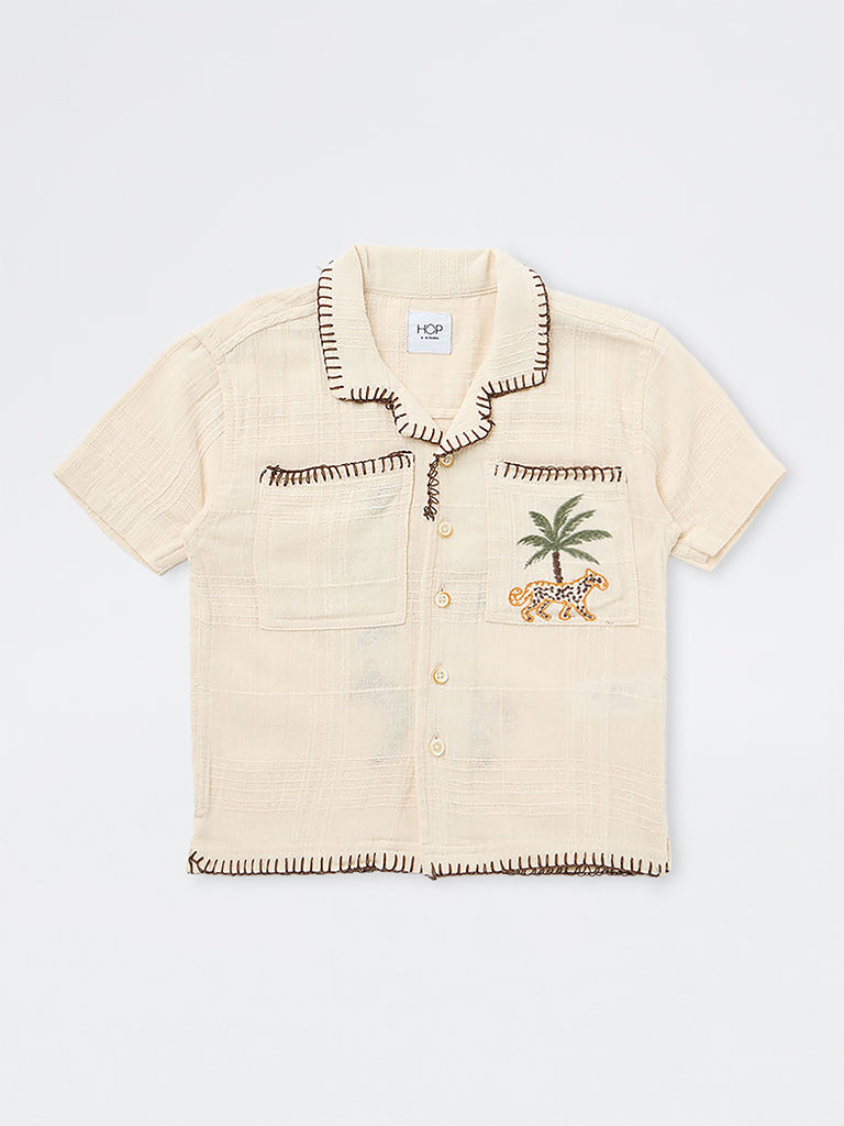 HOP Kids Boys Beige Embroidered Resort-Fit Cotton Shirt
