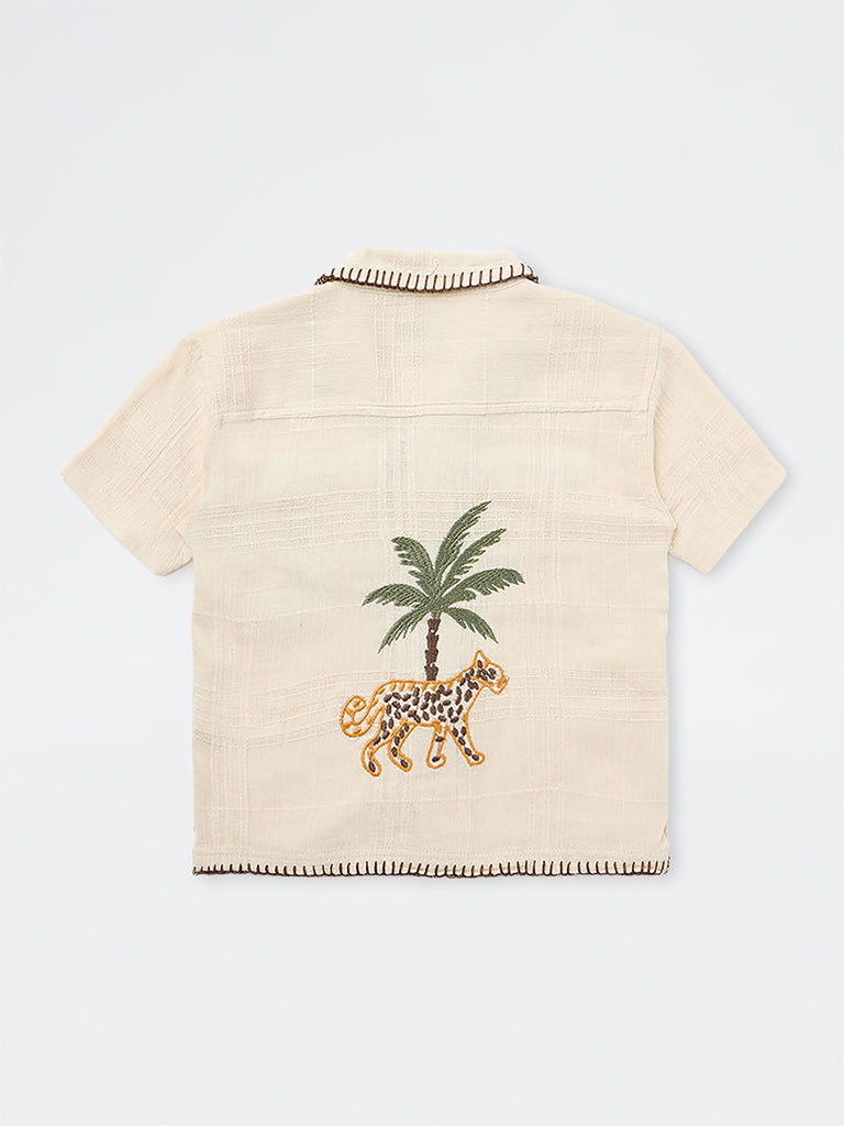 HOP Kids Boys Beige Embroidered Resort-Fit Cotton Shirt