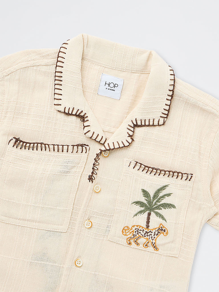 HOP Kids Boys Beige Embroidered Resort-Fit Cotton Shirt