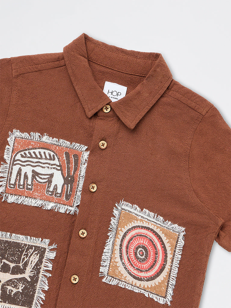 HOP Kids Boys Brown Embroidered Resort-Fit Cotton Shirt