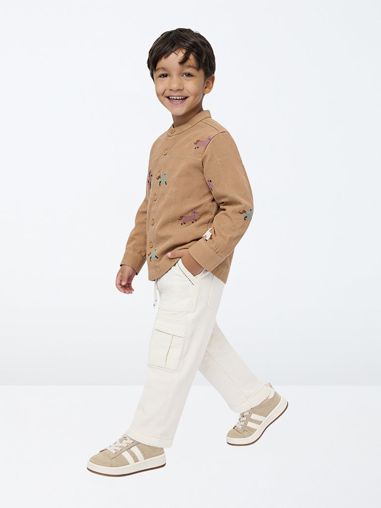 HOP Kids Boys Brown Animal Embroidered Cotton-Blend Shirt