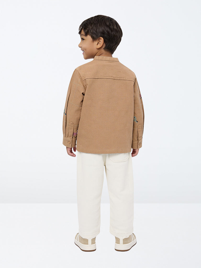 HOP Kids Boys Brown Animal Embroidered Cotton-Blend Shirt