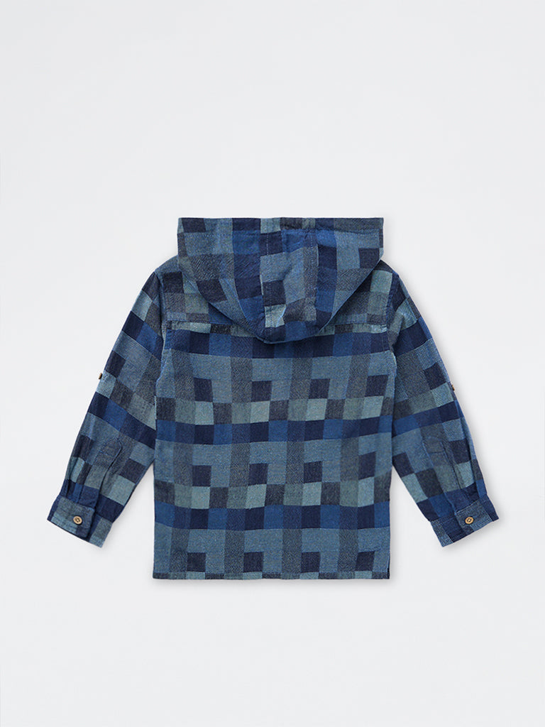 HOP Kids Boys Blue Checkered Hooded Cotton Shirt