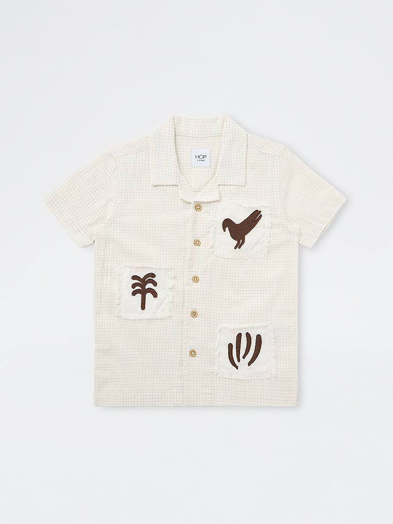 HOP Kids Boys Light Beige Checks Printed Resort-Fit Cotton Shirt