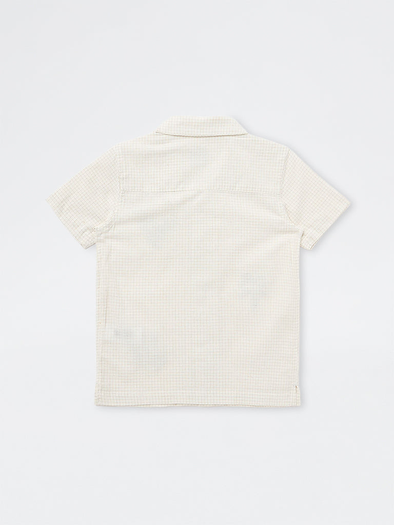 HOP Kids Boys Light Beige Checks Printed Resort-Fit Cotton Shirt