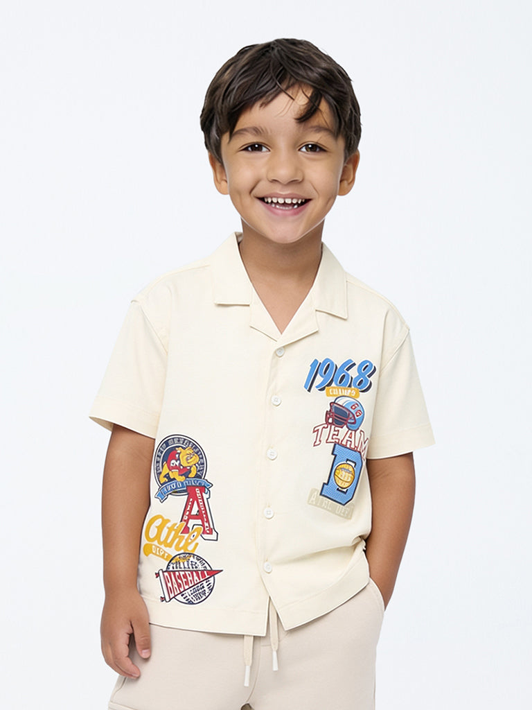 HOP Kids Boys Ivory Baseball-Theme Resort-Fit Shirt