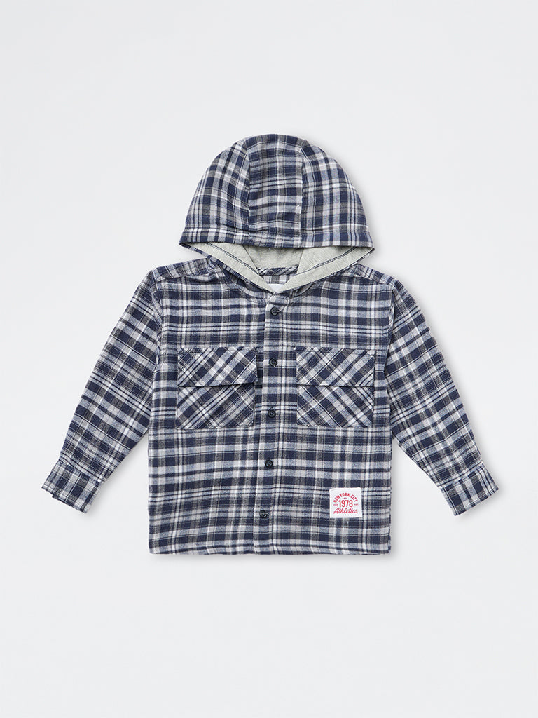 HOP Kids Boys Navy Flannel Checks Pattern Hooded Cotton Shirt