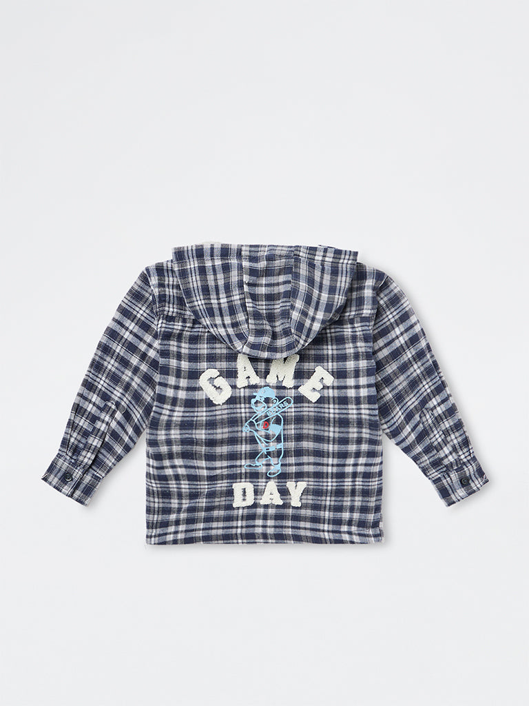 HOP Kids Boys Navy Flannel Checks Pattern Hooded Cotton Shirt