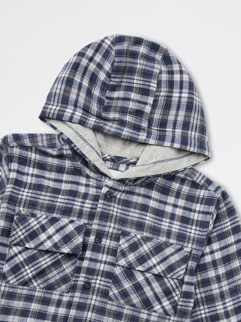 HOP Kids Boys Navy Flannel Checks Pattern Hooded Cotton Shirt